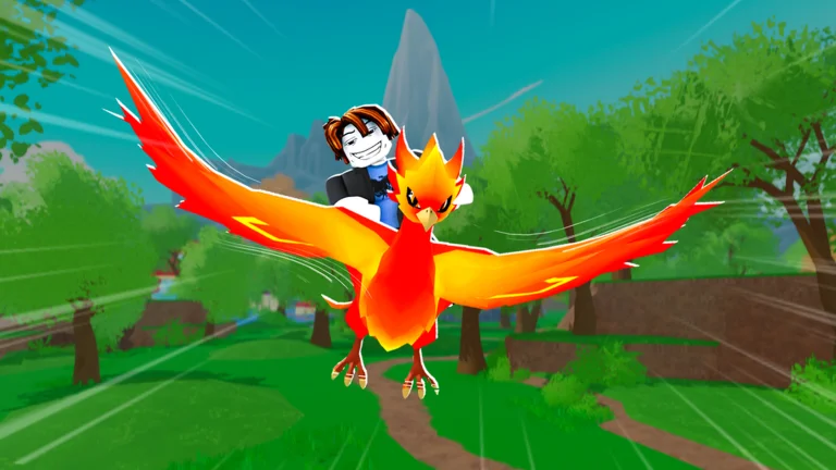 Ride A Pet game artwork: a player riding an orange Phoenix through the forest
